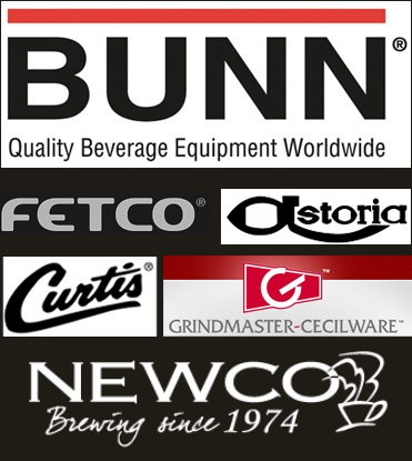 Bunn, Fetco, Astoria, Wilbur-Curtis, and Grindmaster-Cecilware company logos for Bunn-o-matic, Fetco, Astoria, Curtis, and Grindmaster-Cecilware