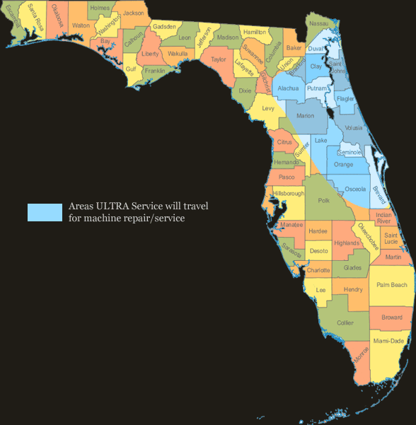 Map of Florida with the counties Duval, Bradford, Alachua, Marion, Lake, Orange, Osceola, Brevard, Seminole, Volusia, Flagler, Clay, Putnam, and Saint Johns counties highlighted